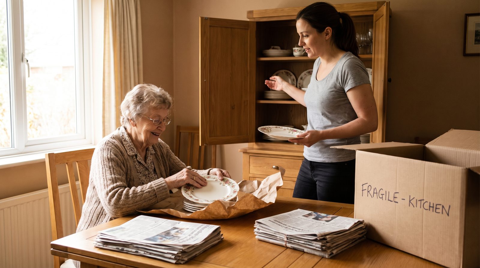 An elderly woman wrapping china from a cabinet into packing paper as part of a guided downsizing transition.
