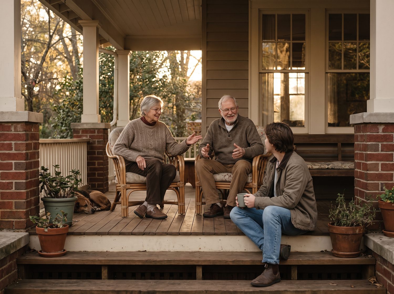 An older couple sitting on the front porch of a brick home, talking with a younger family member.