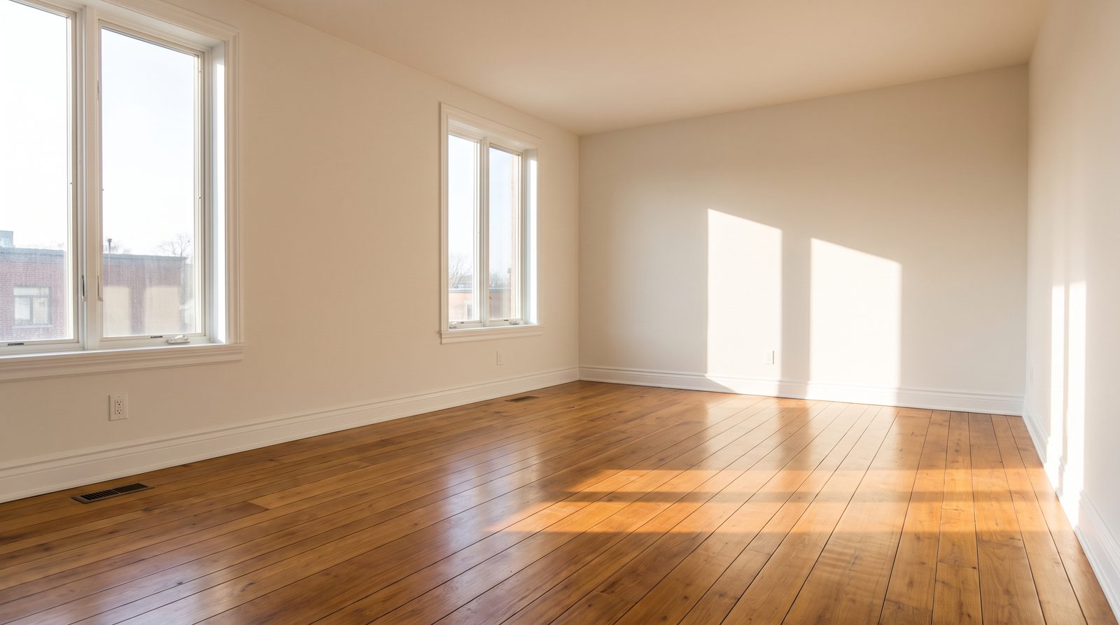 An empty, freshly cleaned living room with hardwood floors and sunlight coming through bare windows.